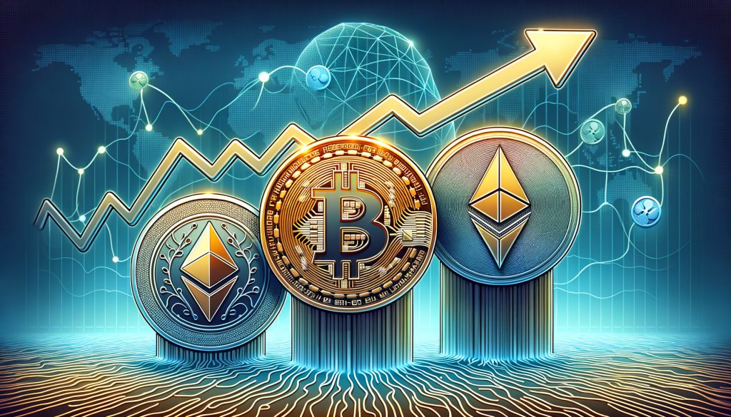 Bitcoin, Ethereum und Ripple XRP vor einem steigenden Pfeil.