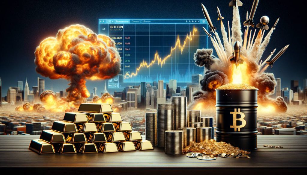 Bild von Goldsilber- und Bitcoin -Rallye mit einem Hintergrund, der Bomben und Abstürze mit Ölfässern verschüttet